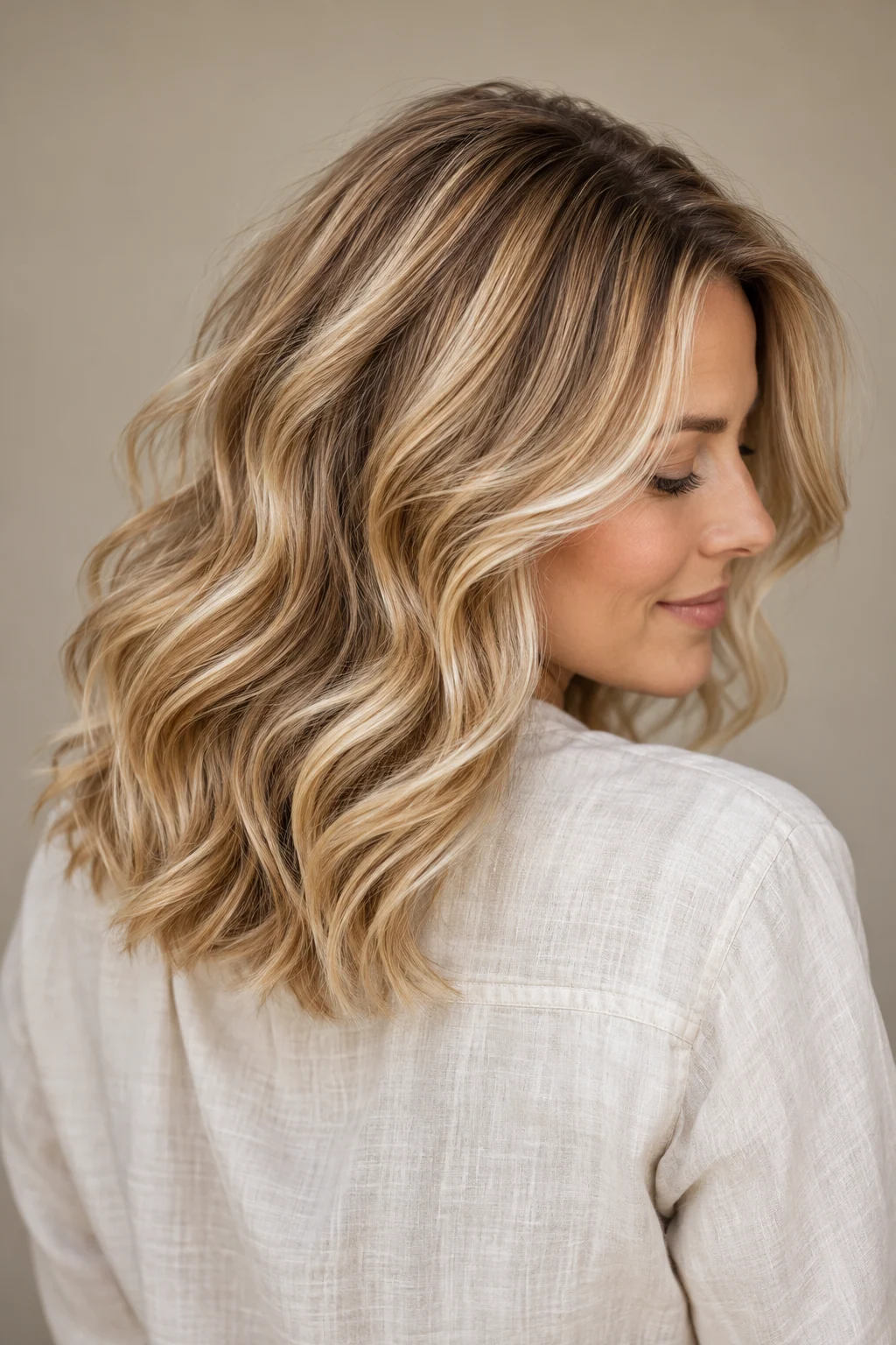 KI-Frisureninspiration: honigblonde Balayage mit weichen Wellen