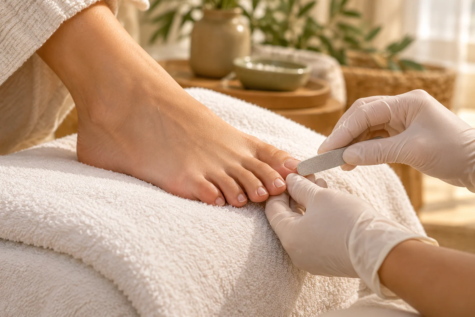 KI-Illustration einer kosmetischen Fußpflege mit Nagelfeile und Handschuhen